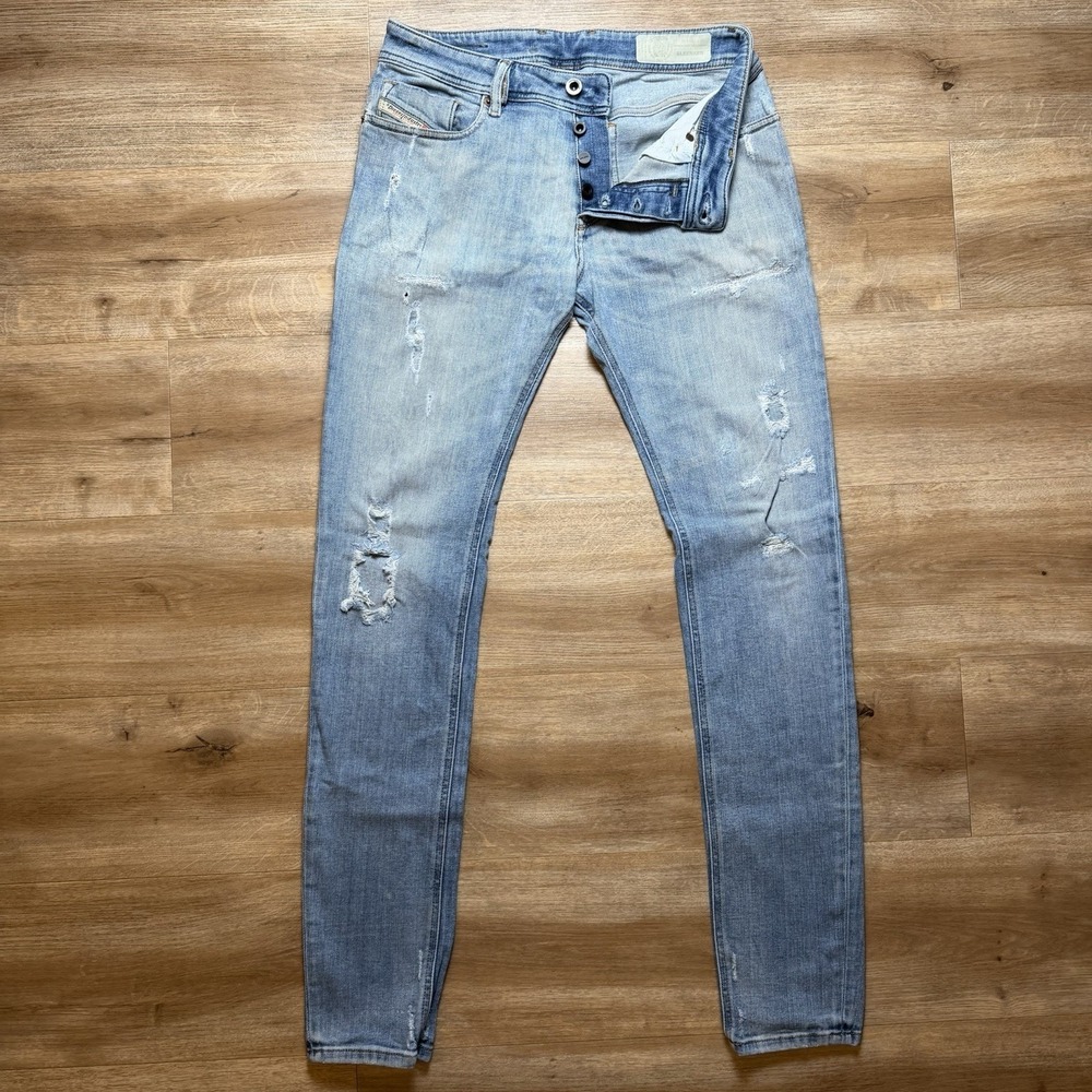 Diesel Sleenker Jeans Men 28x32 Blue Slim Skinny Fit Light Wash Thrashed 086AT